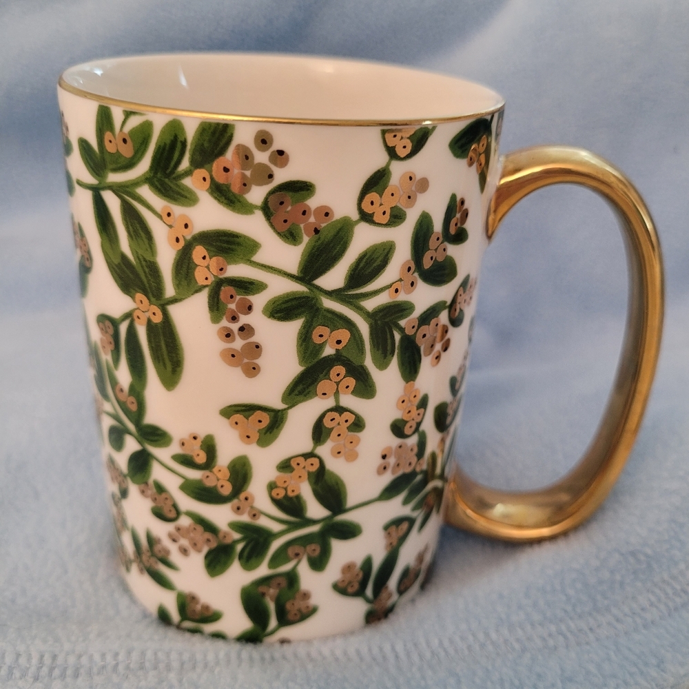 Anthropologie Paper Rifle Co Mistletoe Floral Gold-Handled Mug 4.5" Tall 16oz